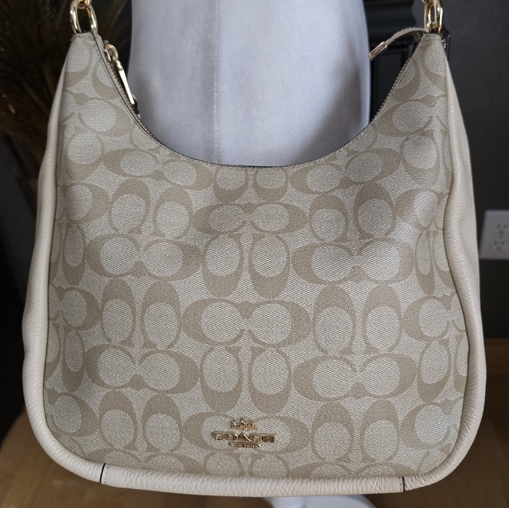 Coach Jules Hobo Pebble & Snake-Embossed Leather Bag Light Khaki/Ivory C91 - Picture 4 of 14